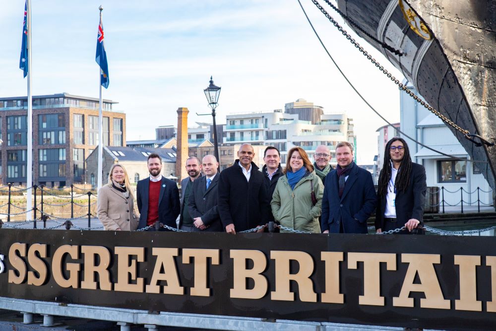 Members of Bristol City Council, Ameresco, Vattenfall and Bristol City Leap outside Brunel's SS Great Britain