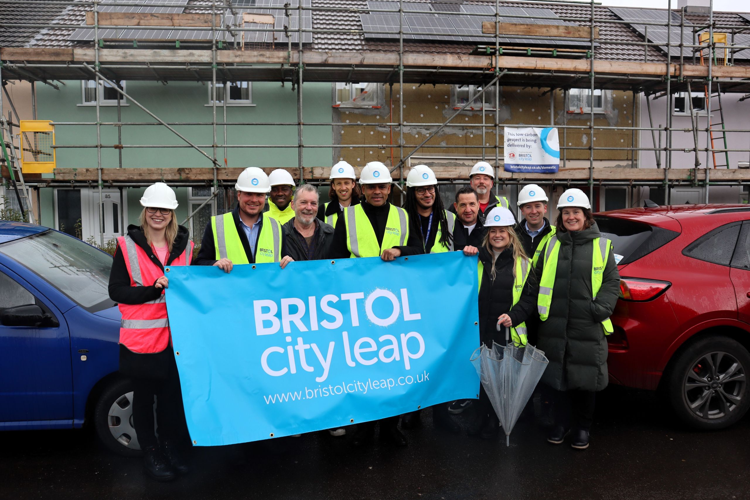 Group visit to a social housing project with residents in Brentry. From left to right are: Lily Gurney (BCC), Councillor Kye Dudd, Carlos De Lima (BCC), Mr Lawton (resident), James Herincx, Mayor Marvin Rees, James Sterling (BCL), Dale Barlett (resident), Jay Shuttleworth (BCL), Hayley Phelan (BCL), David Cox (BCL) and Hannah Spungin (BCL).